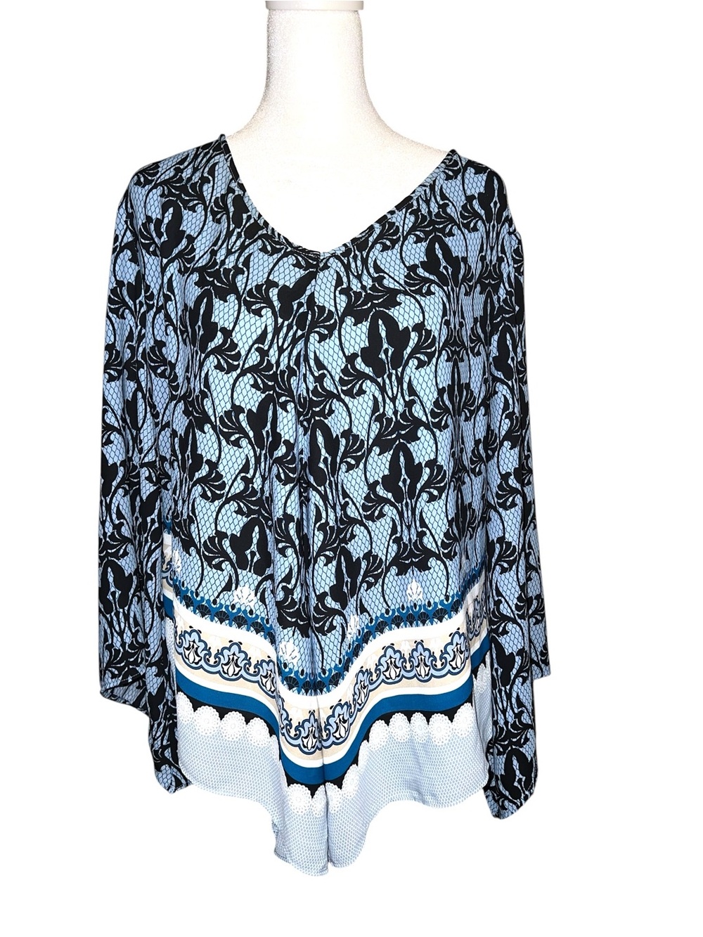 Cato Blue and Black Printed V-Neck Tunic Top
